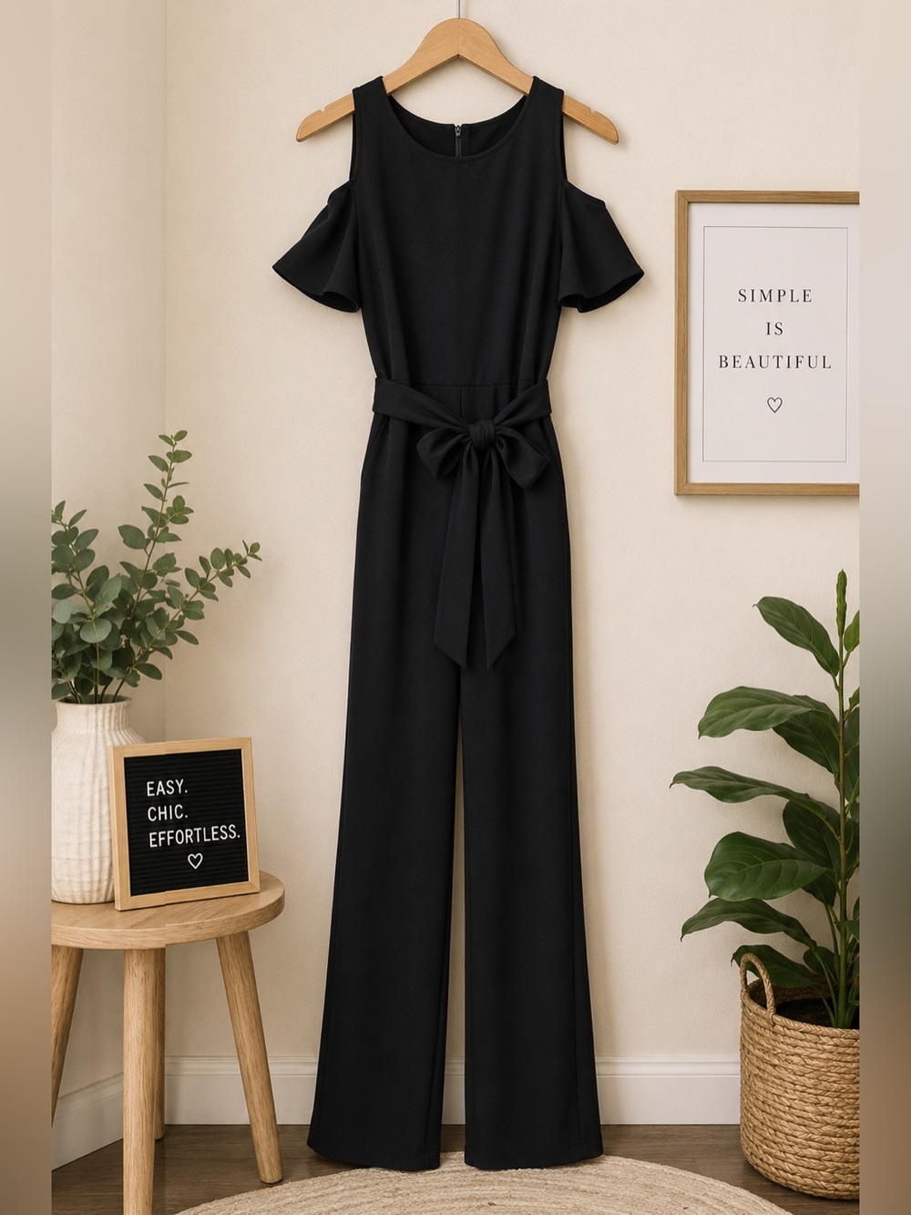 Black Cold-Shoulder Jumpsuit with Waist Tie